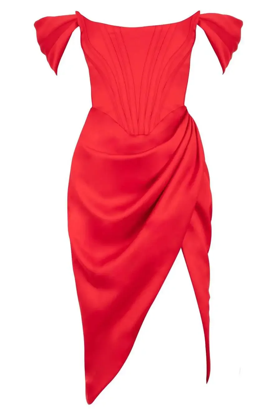 House of CB Red Corset Satin Dress Luxury Off‑Shoulder Evening Look (Small 4-6)